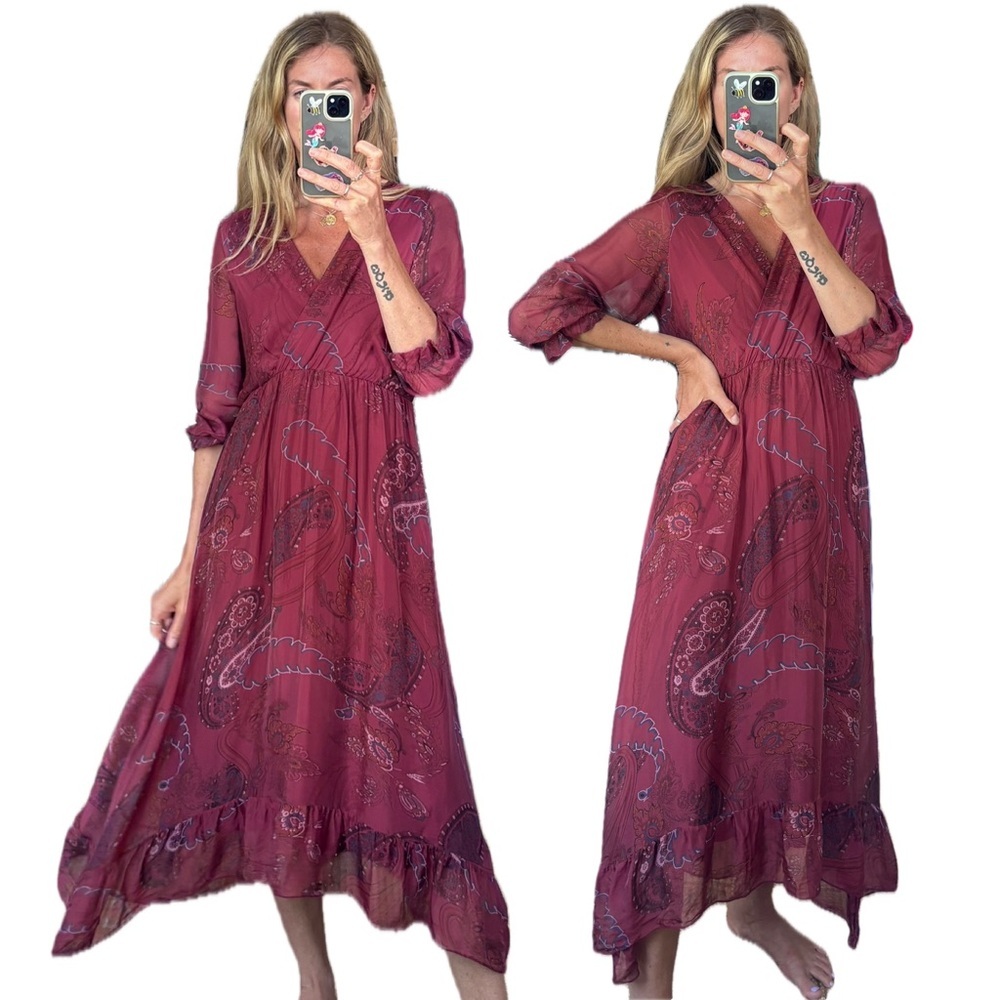Vintage Made in Italy Boho Burgundy Maroon Paisley Ruffle Silk Midi Dress